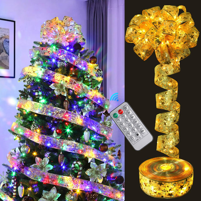 Christmas Lighted Tree Topper Bow with 62ft Ribbon for Christmas Tree, 250 LED Warm&Multi-Color Lights with Remote Timer Plug Christmas Tree Lights Decorations for Xmas Tree Year, Gold