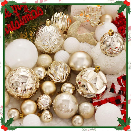 Christmas Tree Ornaments Set, 50 ct Champagne and White Christmas Ornaments Balls for Christmas Tree Decorations Shatterproof Christmas Hanging Ball for Halloween Party Home Decor (Hooks Included)