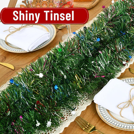 Christmas Garland Decorations-14.7 FT Christmas Garland with Lights, Fluffy Soft Tinsel Lighted Green Garland for Mantle, Christmas Tree Greenery Garland Decor Outdoor Indoor