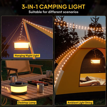 Hokone Camping String Lights,Rechargeable Camping Lights String with 4 Lighting Modes,Waterproof LED Hanging Camping Tent Light,USB String Lights Outdoor for Halloween,Christmas(1-Pack)