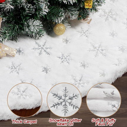 84 Inch Christmas Tree Skirt Extra Large, Faux Fur White Tree Skirt for 9 to 17 ft Xmas Tree, Plush Soft Thickened Mat with Silver Sequin Snowflake for Xmas Tree Decor Reusable Christmas Decorations