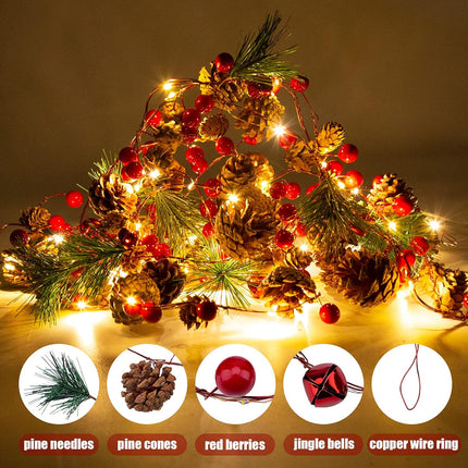2 Pack Artificial Christmas Garland with Lights - Battery Operated 6.56FT Prelit Garland with 20 LED lights, Red Berries, Pine Cones, Pine Needles Decor for Xmas Tree Thanksgiving Home Fireplace Party
