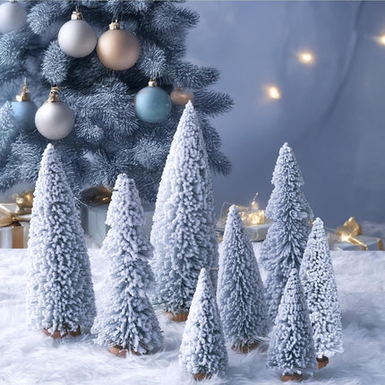 AerWo 8Pcs Mini Christmas Trees Flocked Bottle Brush Christmas Trees 4''-10'' with Wooden Bases, Small Christmas Trees for Tabletop Christmas Decor Village Crafts Winter Holiday Table Decorations