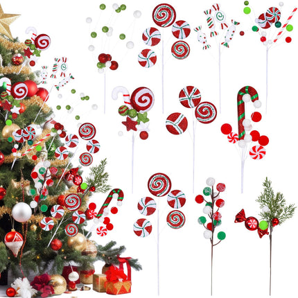Lyrow 10 Pcs Christmas Tree Picks Christmas Candy and Lollipop Pick Christmas Tree Picks Decoration Lollipop for Xmas Tree Topper Decor Vase Filler Craft Wreath Holiday Party Ornament (Cute)