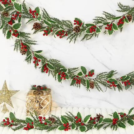 2 Pack Christmas Pine Garland 13FT Artificial Berry Holly Leaves Garland Xmas Cypress Cedar Garland Hanging Greenery Garland Christmas Vines for Home Mantle Table Fireplace Holiday Decor