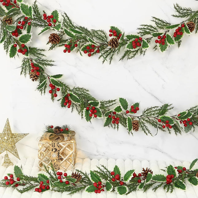 2 Pack Christmas Pine Garland 13FT Artificial Berry Holly Leaves Garland Xmas Cypress Cedar Garland Hanging Greenery Garland Christmas Vines for Home Mantle Table Fireplace Holiday Decor