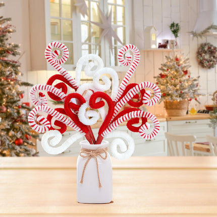 Sggvecsy 6 Pcs Christmas Tree Decoration Candy Cane Woolen Bells Candy Shape Christmas Tree Picks Lollipop Candy Curly Pick Ornaments Xmas Tree Topper for Vase Filler Home Office Decor (Red)