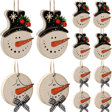 Christmas Decorations Indoor Decor: 12 Pack Rustic Wood Christmas Tree Decorations, Cute Farmhouse Snowman Hanging Ornaments with Plaid Bows Pine Branches for Home Office Fireplaces Garland