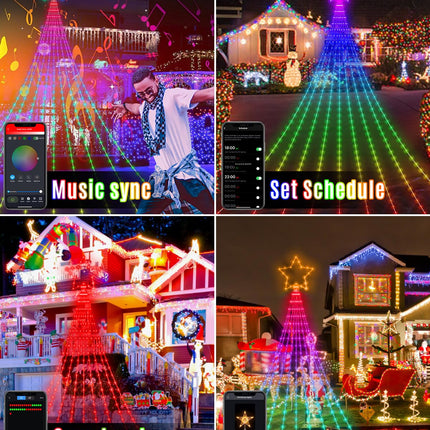 Outdoor Christmas Decorations Star Yard Lights, 12FT Smart Dynamic RGB Led Waterfall Tree Lights DIY Pattern Text App Remote Control Unique String Lights for Outside Roof Home Xmas Holiday Decor