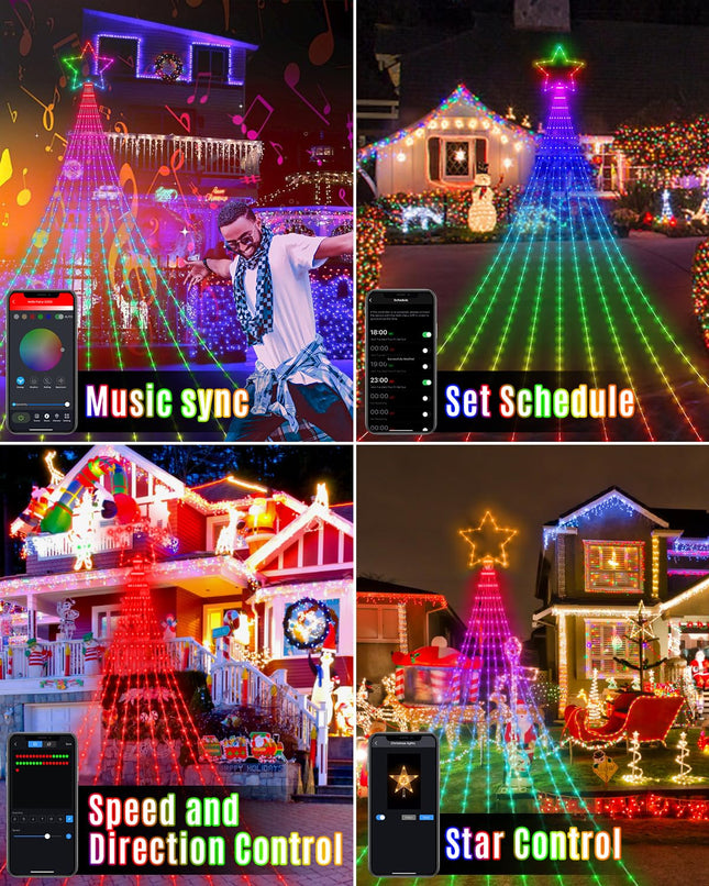 Outdoor Christmas Decorations Star Yard Lights, 12FT Smart Dynamic RGB Led Waterfall Tree Lights DIY Pattern Text App Remote Control Unique String Lights for Outside Roof Home Xmas Holiday Decor