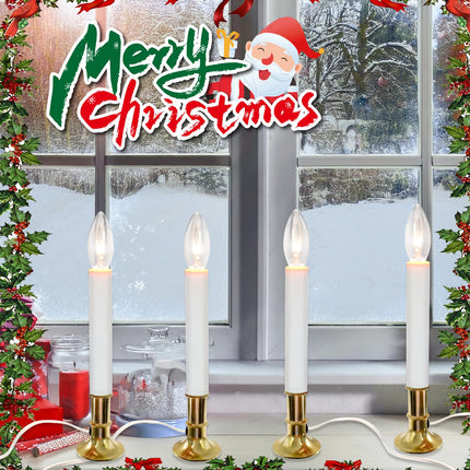 Abeja 4 Pack Christmas Electric Window Candle Lights with Gold Base, Dusk to Dawn Candle Lamps with 7W E12 Base Incandescent Bulbs Plug in Candle Lights for Window Lights Decor Party Xmas Table Top