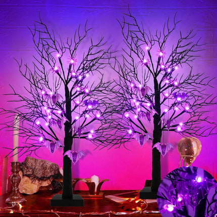 Agusbagli 2 Pack 24 Inch Black Halloween Tree Decor with Timer, Twigs Tree with 24 Purple Lights DIY 12 Spiders & 6 Bats Battery Operated Tabletop Artificial Spooky Tree Halloween Decorations for Home