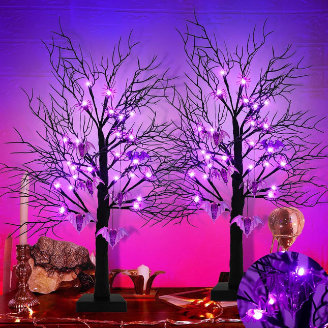 Agusbagli 2 Pack 24 Inch Black Halloween Tree Decor with Timer, Twigs Tree with 24 Purple Lights DIY 12 Spiders & 6 Bats Battery Operated Tabletop Artificial Spooky Tree Halloween Decorations for Home