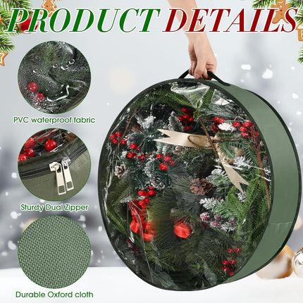 4 Pack Christmas Wreath Storage Container Wreath Storage Box with Clear Window and Handles Oxford Cloth Garland Storage Bags with Dual Zipper for Xmas Wreath wrapping(Green,30 Inch)