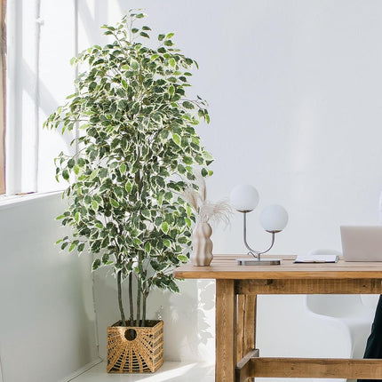6 FT Artificial Ficus Tree 600 Leaves Faux Plants Indoor Tall with Black Pot Large Fake Tree for Home Office Living Room Decor
