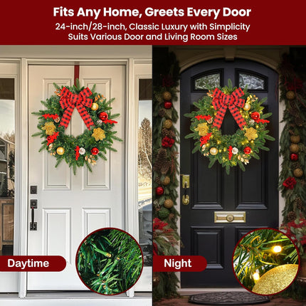 24inch Extra Large Pre-lit Christmas Wreath 8 Modes Lighting Artificial Deluxe Lighted Christmas Wreath Decorations Ornament with LED Lights Door Window Fireplace Decor Timer Function (24 INCH)