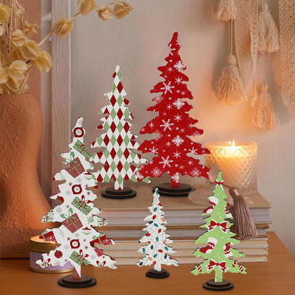 DAZONGE Christmas Decorations - 5PCS Wooden Christmas Tree Tabletop Decor Sign - Rustic Decorative standing Christmas Tree Centerpiece for Home Shelf Mantel