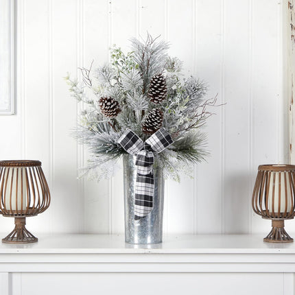 Nearly Natural 28in. Frosted Greenery and Pinecone with Plaid Bow Artificial Christmas Arrangement in Decorative Tin