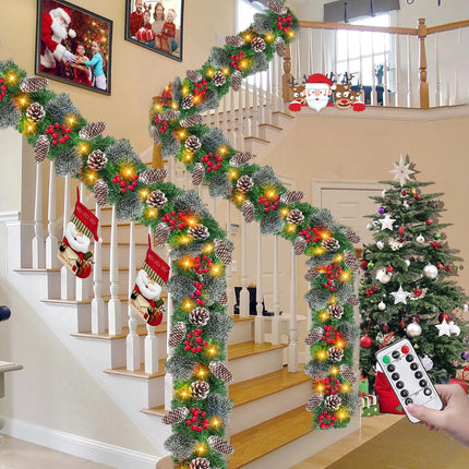 Remote Control&Timer&8 Modes 9Ft by 10 Inch 50 LED Prelit Christmas Garland Decorations Warm Lights Thick 300 Lifelike Snowy Tips 198 Red Berries 18 Pinecones Xmas Garland Fireplace Door Stairs Home