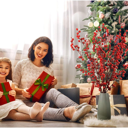 WILLBOND Artificial Red Berry Stems 21.6 Inch Christmas Red Berries Holly Berry Branches for Christmas Tree Year Decor DIY Craft (8, Simple Style)