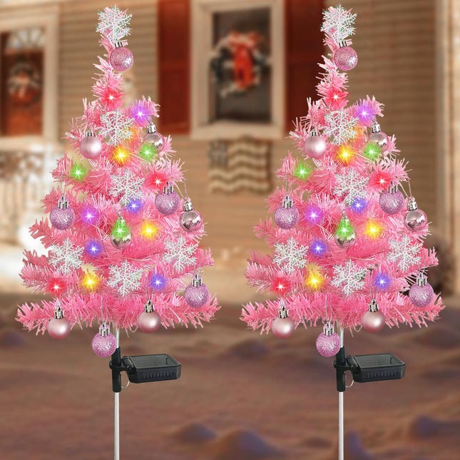 2 Set Pink Solar Christmas Tree Lights, Waterproof Solar Christmas Decorations Outdoor, Xmas Solar Stake Lights with 40 LEDs Cemetery Christmas Tree for Grave Outside Garden Yard Lawn