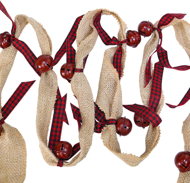 Winlyn 6 Yards Christmas Rustic Sleigh Bell Garland Farmhouse Burlap Garland Metal Jingle Bell with Buffalo Plaid Ribbon Christmas Tree Garland for Vintage Christmas Holiday Banister Mantel Decoration