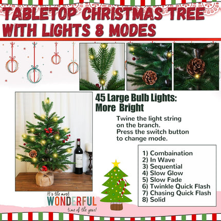 Small Christmas Tree with Lights Tabletop Christmas Tree with 57 PE Tips, 8 Pinecones, 8 Berries, 45 Lights Fluffy Pre-Decorated 2ft Xmas Tree - Add Festival Touch Green Mini Christmas Tree