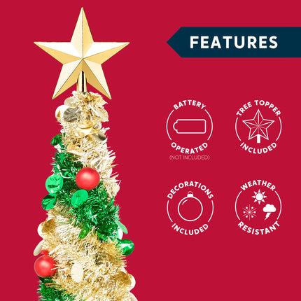 JOIEDOMI 5 Ft Pre-lit Pencil Christmas Tree, Pop up Christmas Tinsel Tree with Lights and Ornaments, Skinny Collapsible Christmas Tree with Timer for Xmas Decorations Indoor Outdoor Holiday Party