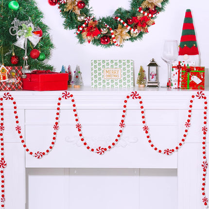 obmwang 10 Feet Christmas Wooden Bead Garland Christmas Candy Garland Red and White Peppermint Candy Bead Garland for Xmas Party Supplies Holiday Decor (Red and White)