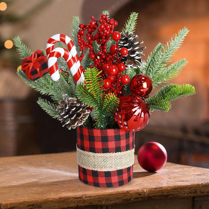 Small Tabletop Christmas Tree Artificial Mini Christmas Trees Small Red Buffalo Plaid Christmas Tree with Ornaments Desktop Xmas Tree Christmas Table Centerpieces for Xmas Holiday Decorations
