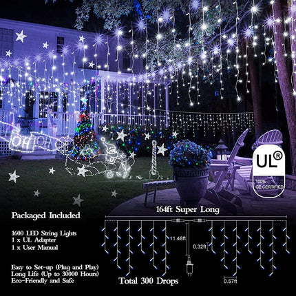 1600 LED 164FT Outdoor Christmas Lights Plug in 8 Modes with Timer Dimmable Christmas Decorations Waterproof Indoor Curtain String Lights for Roof Porch Garden Holiday Wedding Party Decor Cool White