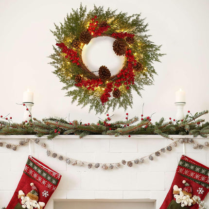 20 Inch Christmas Wreath with 50 Lights Timer (Battery Not Included) Small Christmas Wreaths for Front Door with Pine Cones Berries Christmas Door Wreath Winter Indoor Outdoor Wall Decoration
