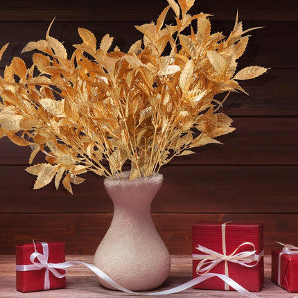 12 Packs Gold Leaves Artificial Plants for Christmas Decoration, Plastic Grass Fake Shrubs Simulation Leaves Golden Flowers Home Indoor Outdoor DIY Planter Vase Filler Garden Wedding Xmas Decoration
