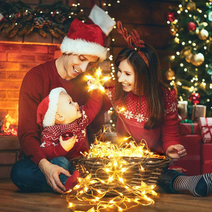 Christmas Lights Outdoor Decorations 13.8ft 200 LED Christmas Lights with 12 Stars,8 Modes Dimmable Fairy String Light with Remote Timer for Wedding Party Holiday Christmas Decorations(Warm White)