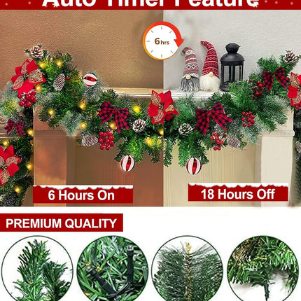 Remote Control - 9 Ft by 10 Inch Christmas Garland with 50 LED Lights Timer 8 Mode 300 Thick Snowy Tips 18 Pinecones 198 Berries 5 Poinsettia 4 Balls Battery Operated Outdoor Cedar Garland Xmas Decor