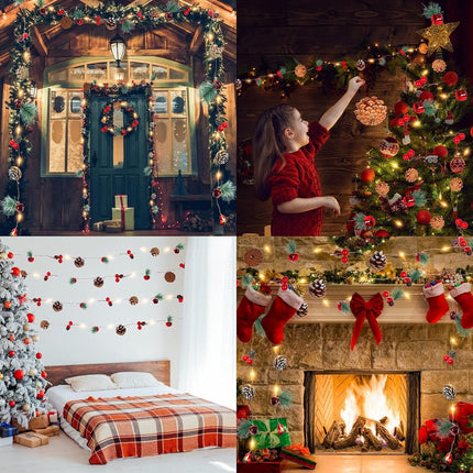 Christmas Garland Decoration with Lights, 7FT 20LED Christmas String Lights, Xmas Pine Cone Red Berry Bell Lights Battery Operated Indoor Outdoor Christmas Tree Year Holiday Party Decorations