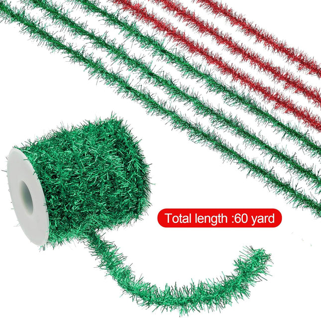 Xinnun 60 Yard Christmas Tinsel Garland Colorful Glitter Christmas Garland Thin Metallic Tinsel Garland Tinsel Wire Christmas Ribbon for Wedding Birthday(Red, Green)