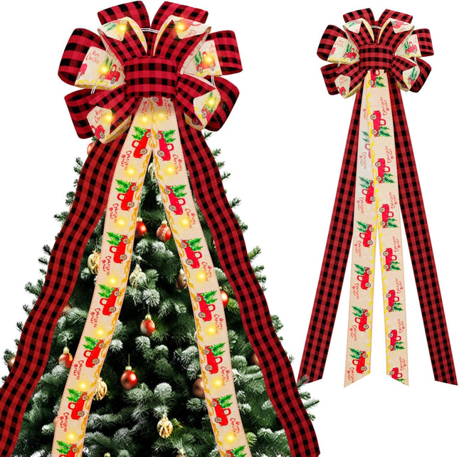 Christmas Tree Topper Wreath Bow with Light String, Red Black Plaid Christmas Tree Decorations Bow for Xmas Ornament Decoration 56x13 Inches, Christmas Handmade Rustic Farmhouse Home Decor