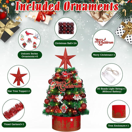 Tabletop Christmas Tree 24-inch Mini Christmas Tree with Red Cardinals Birds & LED String Lights, Star Treetop, Hanging Ornaments, Tabletop Small Xmas Tree for Holiday Indoor DIY Christmas Decor Green