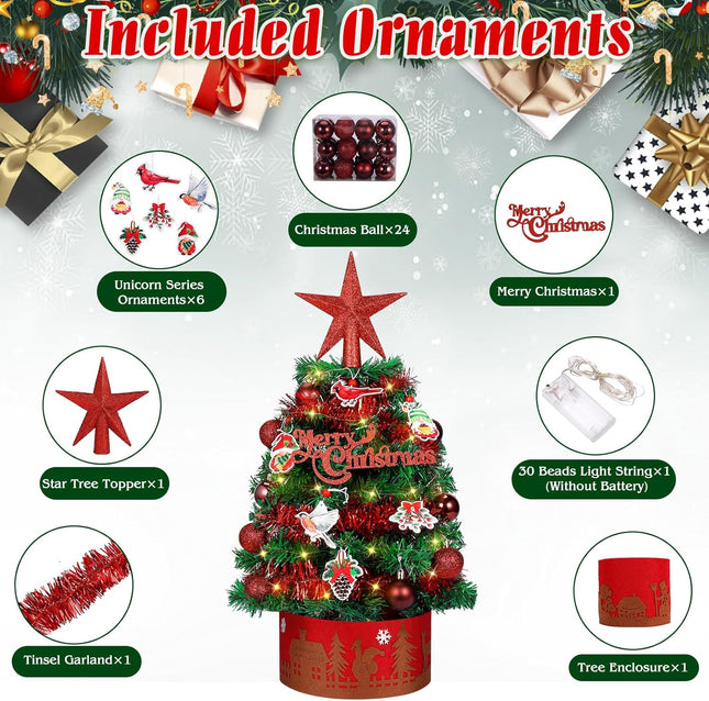 Tabletop Christmas Tree 24-inch Mini Christmas Tree with Red Cardinals Birds & LED String Lights, Star Treetop, Hanging Ornaments, Tabletop Small Xmas Tree for Holiday Indoor DIY Christmas Decor Green