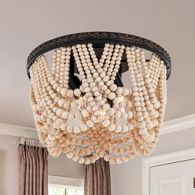 Boho Wood Beaded Chandelier, Bohemia 3 Lights Flush Mount Ceiling Light Fixtures With Engraving Pattern, Farmhouse Chandeliers For Living Room Passway Foyer Entryway Hallway Nursery, Oil Rubbed Bronze