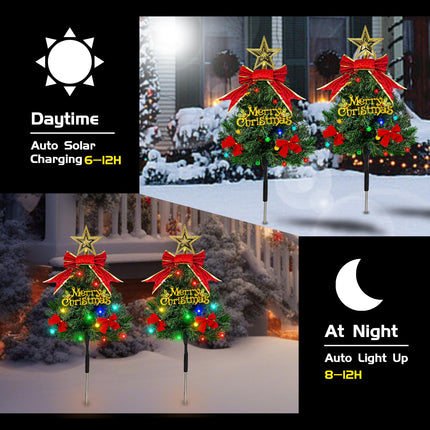 4 Pack Solar Christmas Tree Pathway Lights Outdoor Decorations Waterproof Artificial White Mini Xmas Tree Stake Lights with DIY Ornamets for Garden Yard Decor (Green)