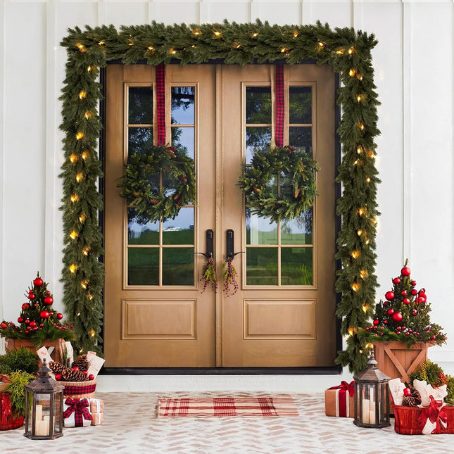 6.56 Ft Christmas Norfolk Pine Garland with 8 Lighting Mode Lights, Outdoor Indoor Artificial Christmas Greenery Garland for Table Fireplace Staircase Front Door Porch Wall Home Decoration