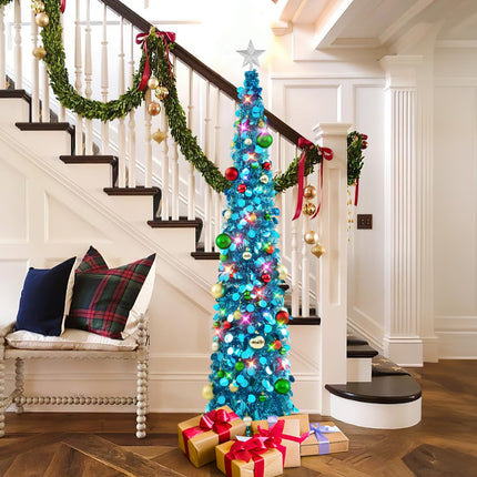 N&T NIETING Christmas Tree, 6ft Collapsible Pop Up Blue Tinsel Christmas Tree with 40pcs Ball Ornaments, Coastal Christmas Tree for Holiday Xmas Decorations Home Display