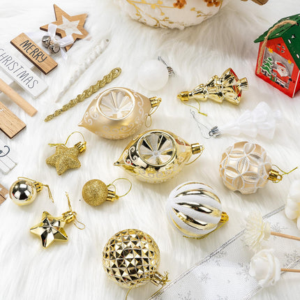114 Pcs White and Gold Christmas Ball Ornaments Set, Xmas Tree Ornament Bulk Decoration, Shatterproof Decorative Hanging Baubles for Party Holiday Wreath Garland Home Decor