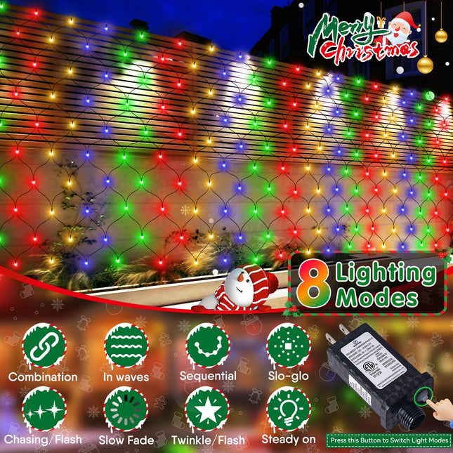 Hezbjiti Christmas Net Lights, 280 LED Mesh Lights 9.8FT x 6.6FT 8 Modes Waterproof Outdoor Christmas Decoration Lights Green Wire for Bushes, Trees, Lawn, Yard, Garden Party (Multicolor)