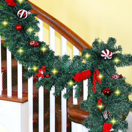 ANALIM 9 FT LED Christmas Garland with Christmas Balls Candies Pinecones Red Berries Bows, Multi-Function Christmas Garland with 50 Warm White LED Lights, 180 Branch Tips