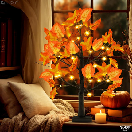 KatchOn, Artificial Maple Tree with Lights - 24 Inch 24 LED Lighted Fall Tree Light Up Maple Leaf Tree for Fall Decorations for Home, Office Autumn Trees With Lights for Thanksgiving Decorations
