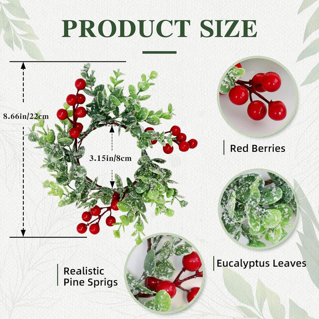 4 Pcs Christmas Candle Rings Wreath Red Berries with Eucalyptus Leaves 3.15inch, Snowy Small Wreath Candle Ring Holder for Pillars, Christmas Home Kitchen Table Centerpieces Decor