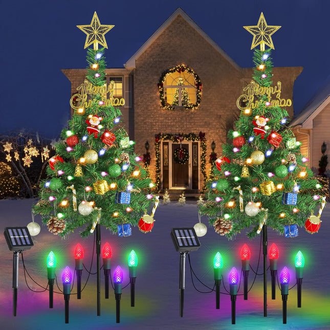 Solar Christmas Tree for Outdoor Decorations 2 Pack, 33 Inch Prelit Christmas Tree Yard Stake Lights with 12pcs Strawberry Lights, 60 LED 8 Modes for Pathway Yard Cemetery Decor